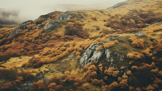 Floresta colorida de outono generativa com bela paisagem em estilo retrô vintage hipster silenciado