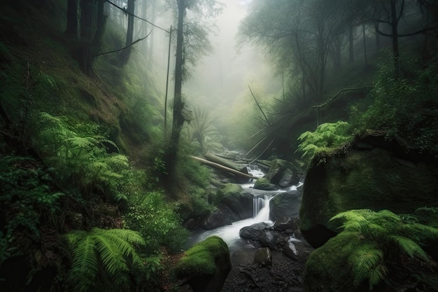 Floresta com cachoeira enevoada e pacífica criada com ai generativa