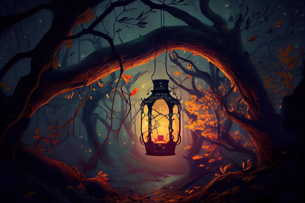 Floresta com lanterna pendurada em um galho de árvore lançando seu brilho quente