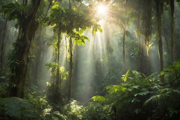 Foto floresta com raios de sol a brilhar através das árvores