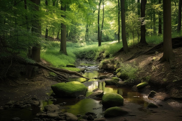 Floresta com riacho murmurante e cenário tranquilo para floresta e meditação criada com IA generativa