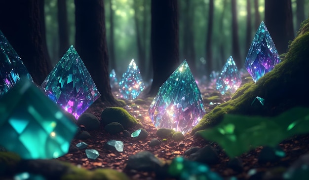 Floresta com uma pitada de cristais Generative AI