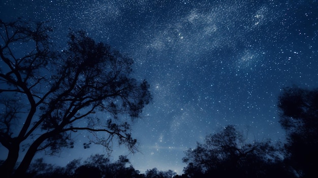 Floresta contra o céu noturno ou o cenário Star Field At Night de silhuetas de árvores generativas AI