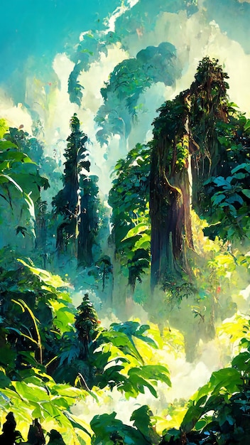 Floresta da floresta tropical na ilustração 3D da manhã ensolarada