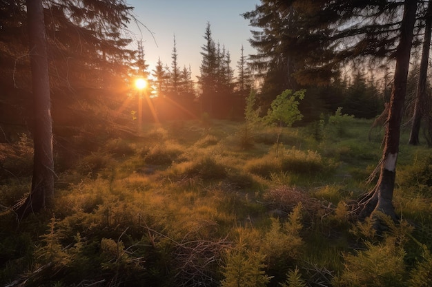 Floresta de abetos ao amanhecer com o sol nascendo no horizonte