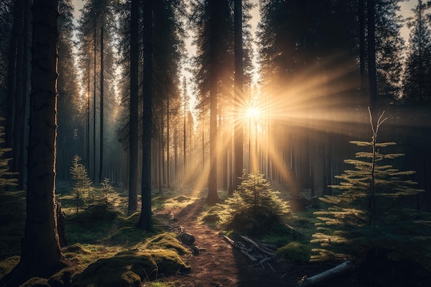 Floresta de abetos ao nascer do sol com o sol brilhando por entre as árvores