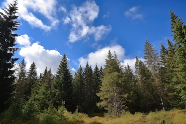 Floresta de abetos com céu azul claro e nuvens fofas acima