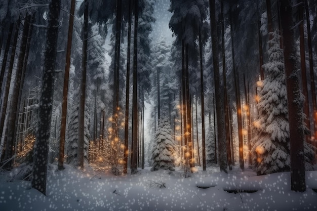 Floresta de abetos durante o país das maravilhas do inverno mágico com neve e luzes de férias