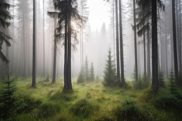 Floresta de abetos na manhã enevoada com neblina subindo do chão