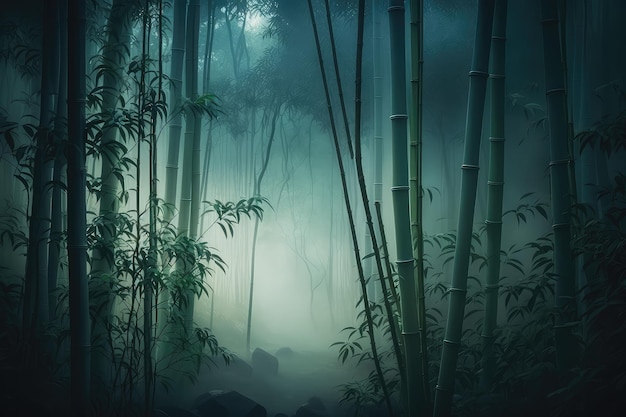 Floresta de bambu com luz matinal enevoada criando uma atmosfera mística