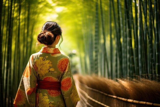 Floresta de bambu mulher asiática vestindo kimono tradicional japonês na floresta de bambu em kyoto, japão