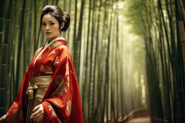 Floresta de bambu mulher asiática vestindo kimono tradicional japonês na floresta de bambu em kyoto, japão