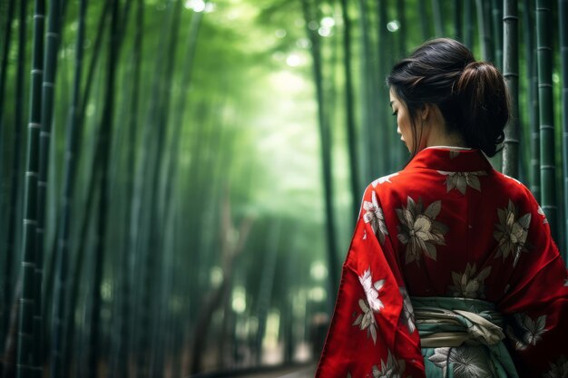 Floresta de bambu mulher asiática vestindo kimono tradicional japonês na floresta de bambu em kyoto, japão