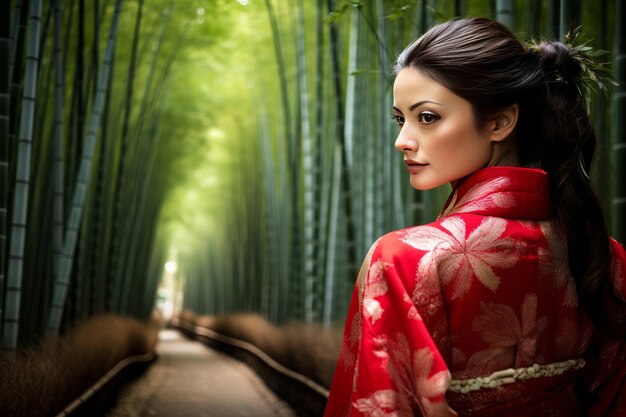 Floresta de bambu mulher asiática vestindo kimono tradicional japonês na floresta de bambu em kyoto, japão