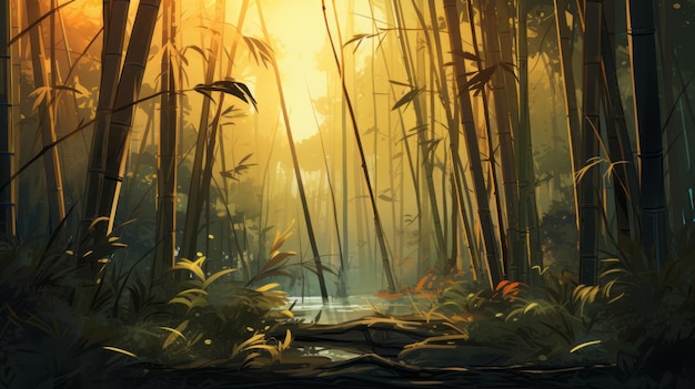 Floresta de Bambu Uma Arte de Jogo 2D Colorida Com Paisagens Românticas de Rios