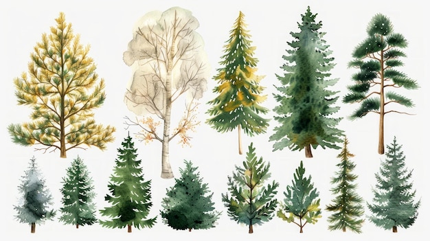 Floresta de bétulas e pinheiros de inverno em um estilo de aquarela vintage