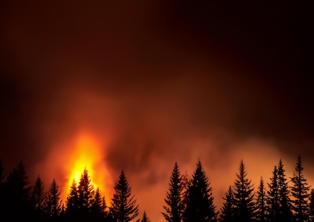 Foto floresta de campo com céu nublado coberto por fogo e fumaça durante a noite