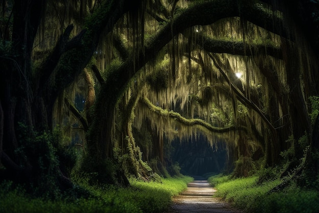 Foto floresta de cipreste à noite com fundo de musgo espanhol