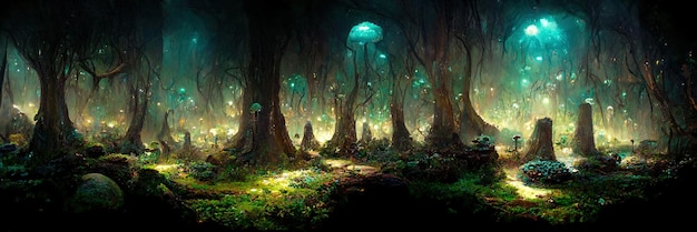 Floresta de cogumelos de fantasia, árvores, natureza, encantado. Paisagem de cogumelos. Ilustração Digital 3D