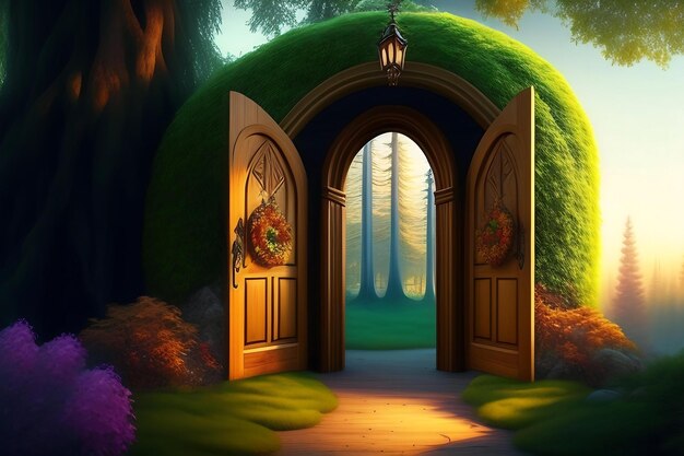 Foto floresta de conto de fadas de fantasia com portas mágicas