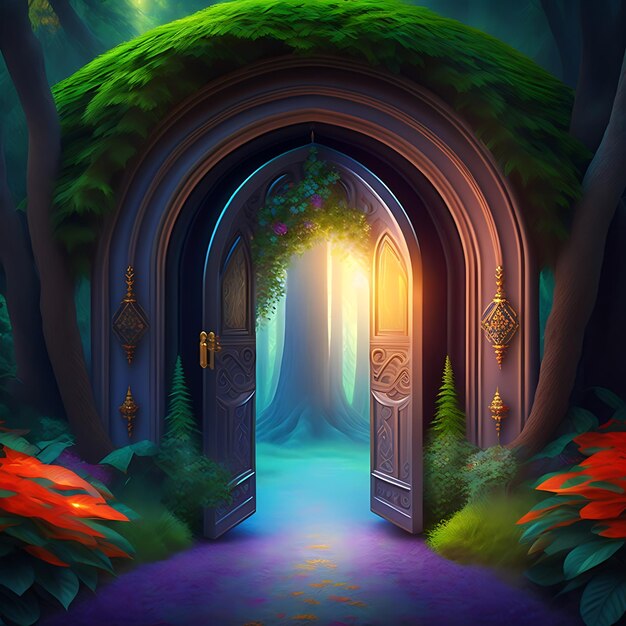 Foto floresta de conto de fadas de fantasia com portas mágicas