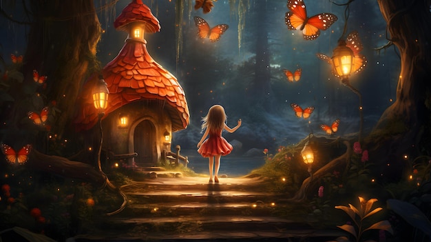 Foto floresta de conto de fadas encantada com cogumelos gigantes e flores brilhantes
