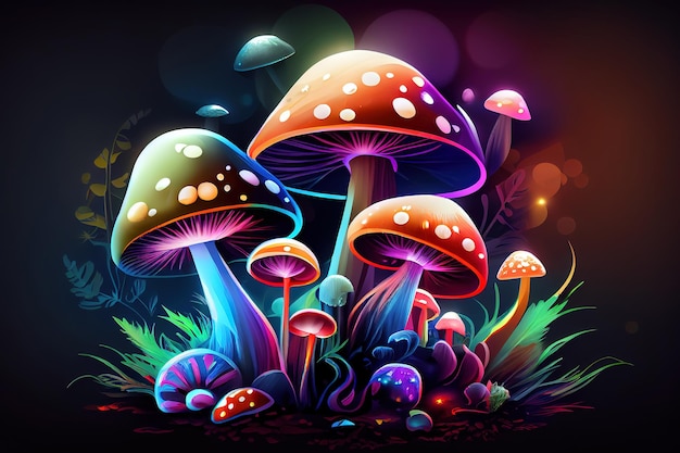 Floresta de conto de fadas encantada fantasia com cogumelos mágicos Belo tiro macro de cogumelo mágico