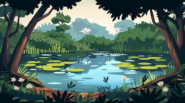 Floresta de desenho animado vetorial com um arco-íris e um pote de ouro no final