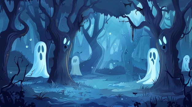 Floresta de desenhos animados vetoriais assustadores com árvores assombradas e aparições fantasmagóricas