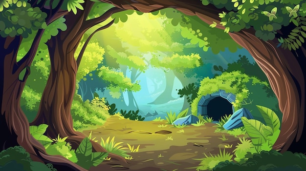 Floresta de desenhos animados vetoriais com um gatinho brincalhão perseguindo borboletas