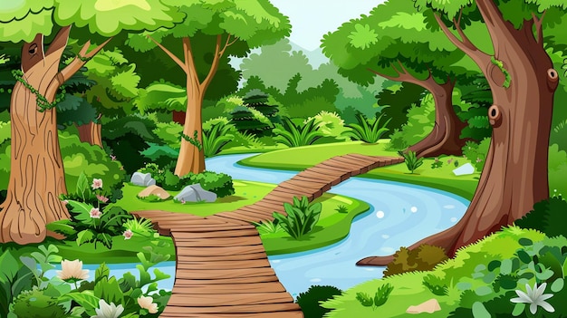 Floresta de desenhos animados vetoriais com um playground caprichoso e crianças felizes