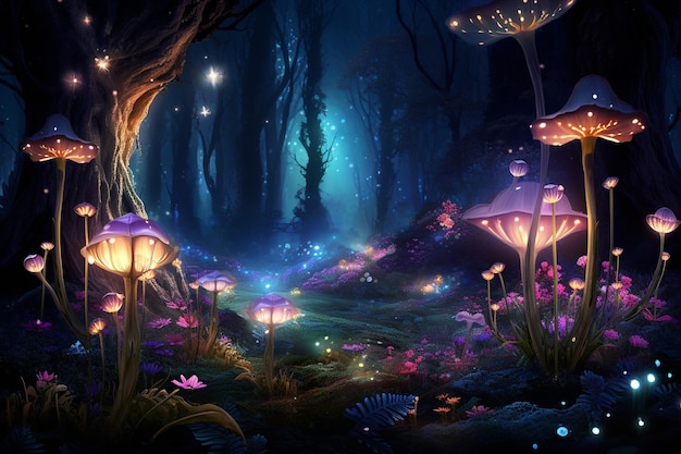 Floresta de fadas à noite fantasia flores brilhantes e luzes generativas