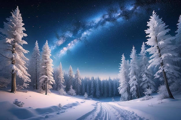 Floresta de fadas coberta de neve à luz da lua Via Láctea num céu estrelado Natal e Ano Novo noite de inverno