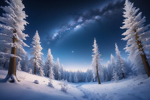 Floresta de fadas coberta de neve à luz da lua Via Láctea num céu estrelado