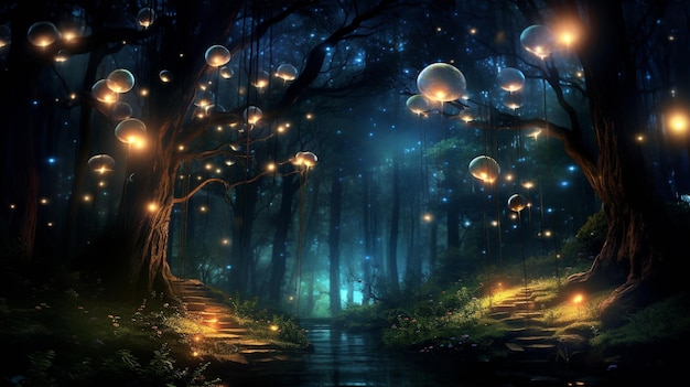 floresta de fantasia com árvore e luz cintilante fundo de conto de fadas generativo AI
