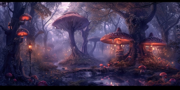 Floresta de fantasia com cogumelos gigantes luminosos resplandecentes