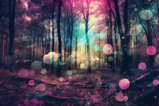 Foto floresta de fantasia com efeito bokeh rosa abstrato