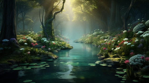 Floresta de fantasia com lago e flores ai gerado
