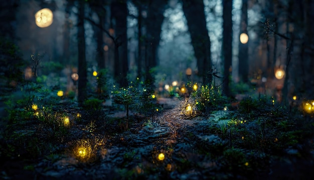 Floresta de fantasia de conto de fadas escuro Paisagem de floresta noturna com brilhos mágicos Fantasia mágica de floresta abstrata luzes noturnas neon ilustração 3D