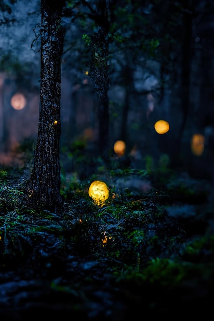 Foto de Luzes De Fada Floresta Mágica e mais fotos de stock de Floresta -  Floresta, Fantasia - Conceito, Tridimensional - iStock