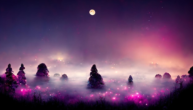 Floresta de fantasia de fadas Paisagem de floresta noturna com brilho mágico renderização 3d. Ilustração de varredura.