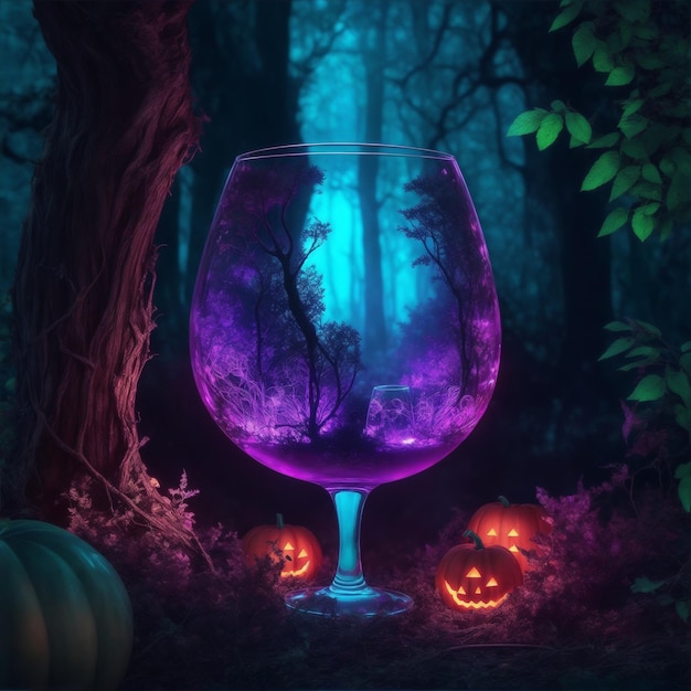 Floresta de fantasia em um copo de vinho de néon brilho realista motivo de Halloween