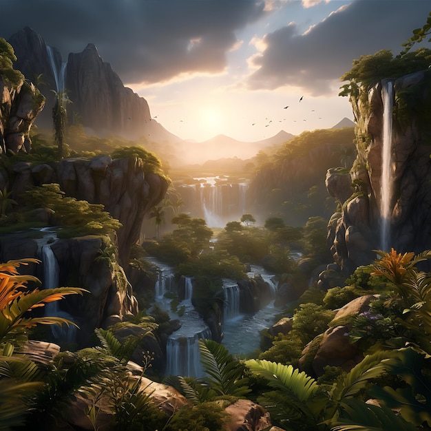 Floresta de fantasia mágica majestosa com montanhas cachoeira de rio floresta verde raios de sol da manhã