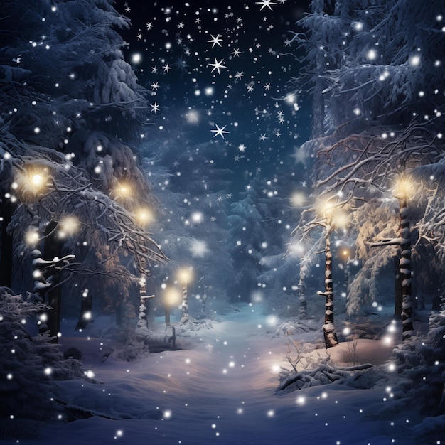 Floresta de inverno à noite com neve e luzes mágicas Bela paisagem de inverno