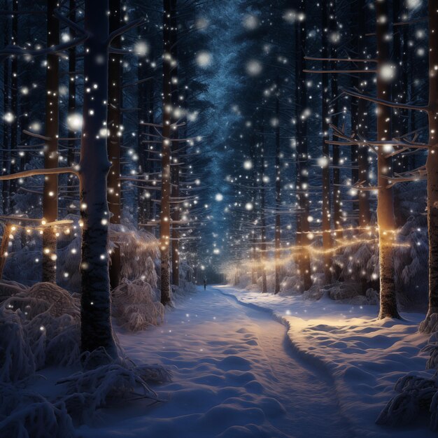 Foto floresta de inverno à noite com neve e luzes mágicas bela paisagem de inverno