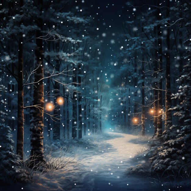 Floresta de inverno à noite com neve e luzes mágicas Bela paisagem de inverno
