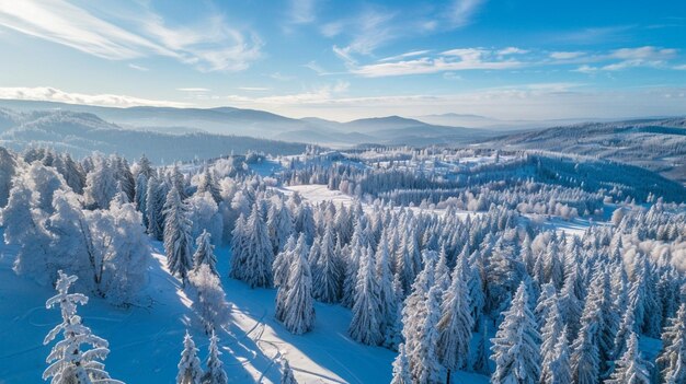 floresta de inverno com árvores cobertas de neve e montanhas ao fundo