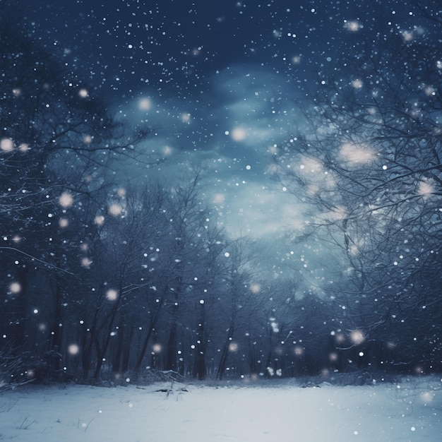 Foto floresta de inverno com neve e flocos de neve caindo fundo de natal