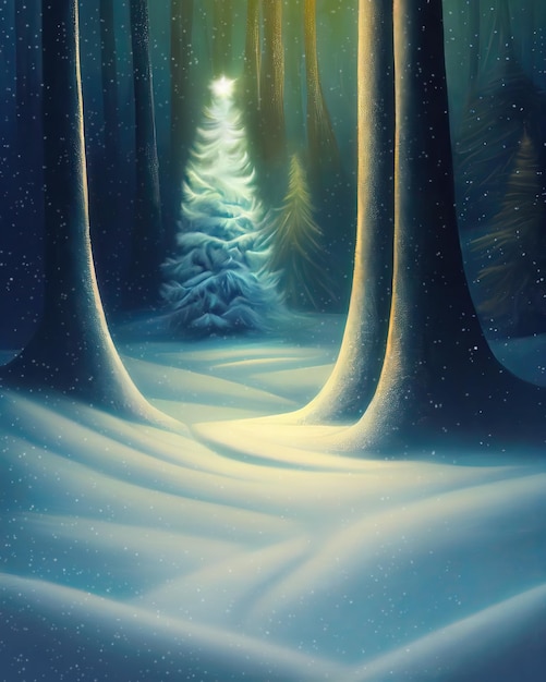 Floresta de inverno encantada à noite, um caminho misterioso coberto de neve leva a uma árvore de Natal brilhante Ilustração digital de espaço de cópia vertical