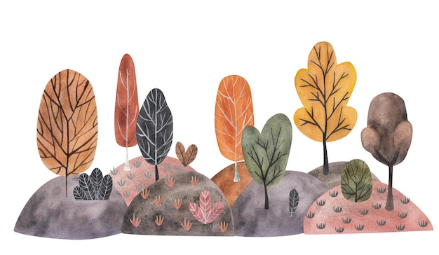 Floresta de inverno Ilustração aquarela em estilo cartoon Paisagem aquarela colinas e árvores Paisagem horizontal